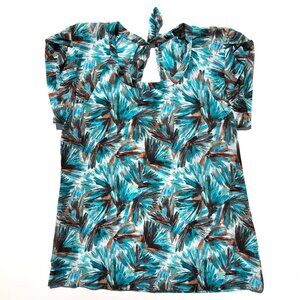 Ann Taylor tropical print top women XS turquoise brown white tie back blouse